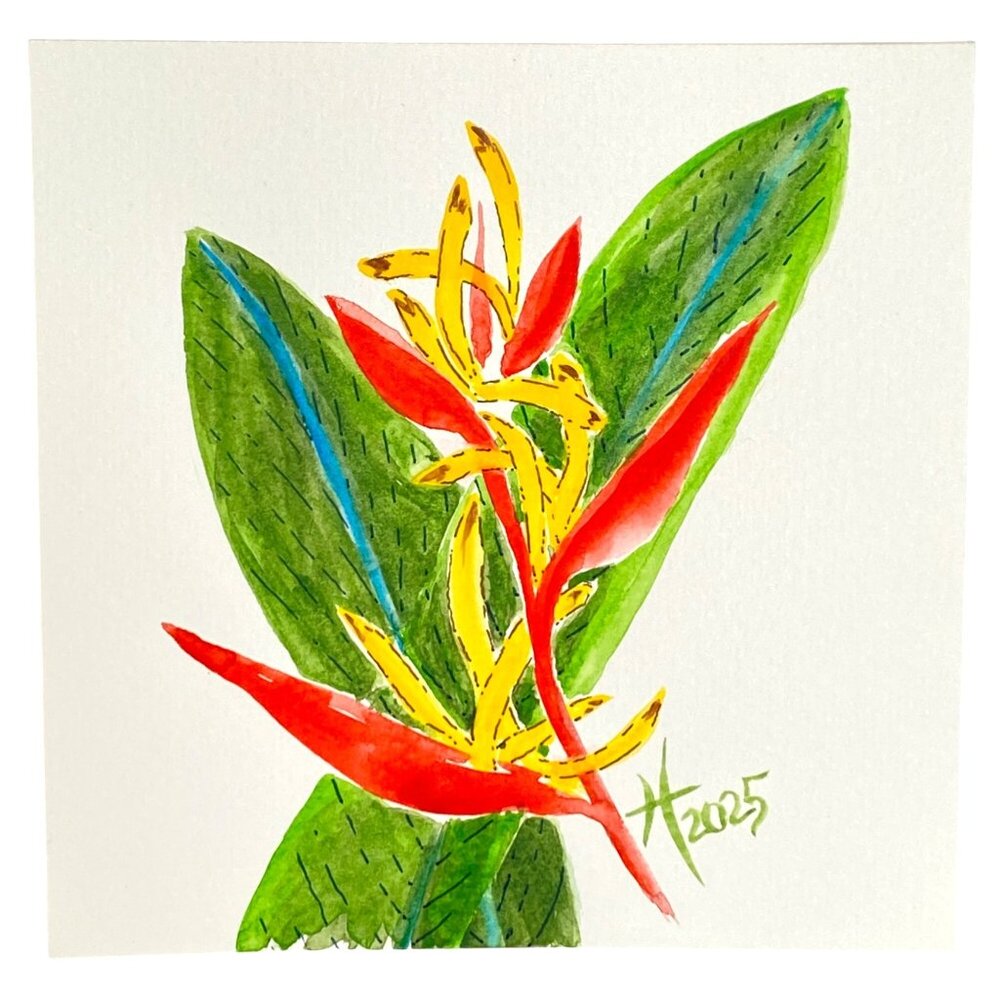 Heliconia Pop Original Watercolor Painting 8x8in White Mat Frame Ready